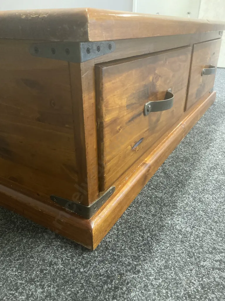 Pine Coffee Table, 2 Drawers With Access Both Sides, Steel Handles & Steel Straps On Corners. H40 W127 D70cm Image 1++